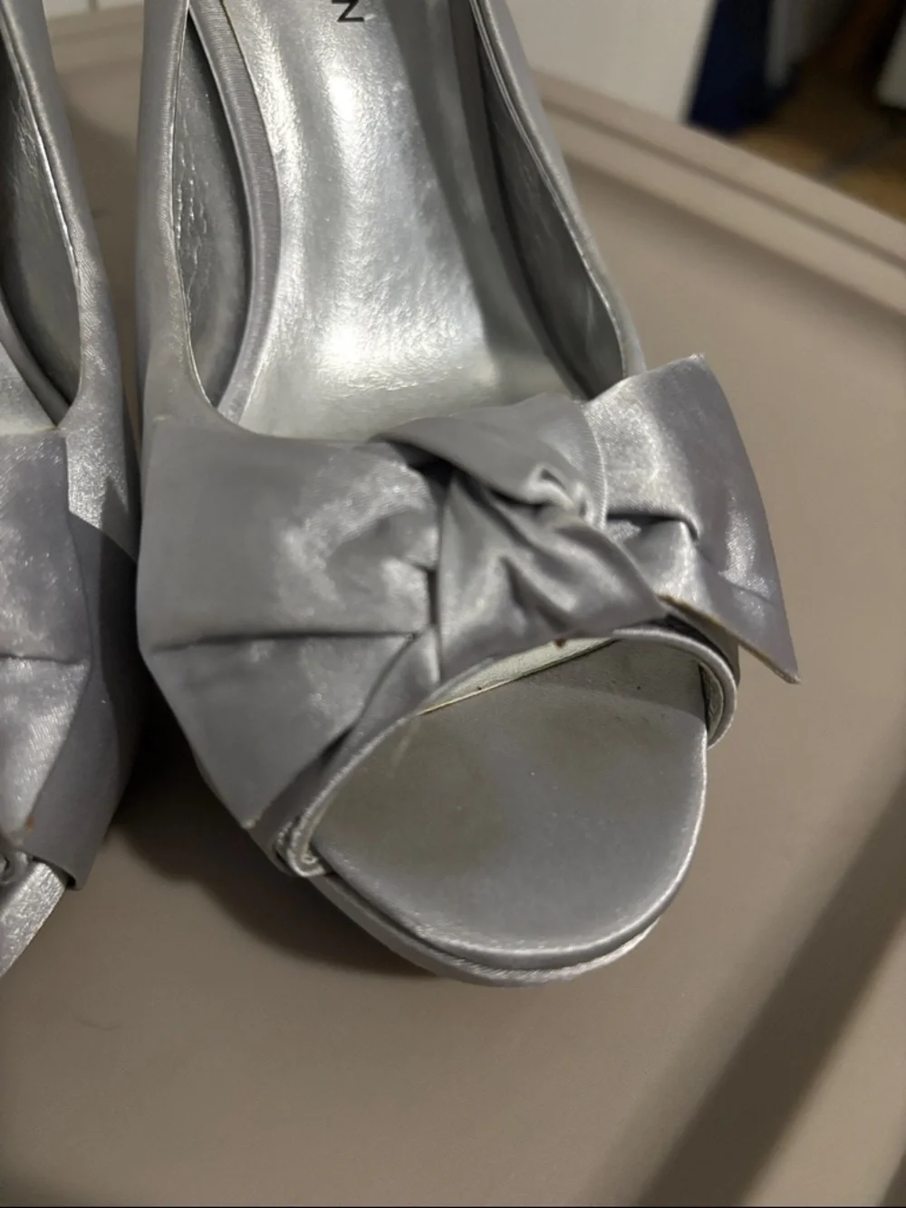 Silver Satin Peep-Toe Slingback Heels with Knot Detail